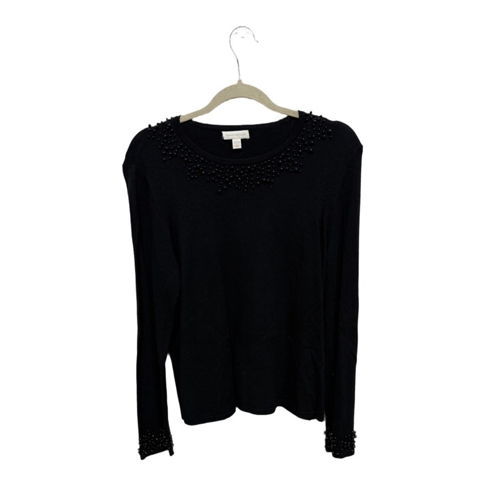 Charter Club Black Beaded Neck Sleeve Long Sleeve Sweater Size Large Holiday